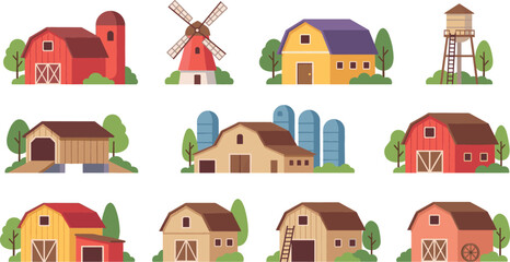 Rural farm building vector set featuring red barns, windmills, water towers, and silos for countryside agriculture and organic farming graphic designs. © MdMehedi