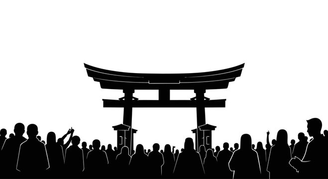 Silhouette of a large crowd standing before a traditional Japanese torii gate.