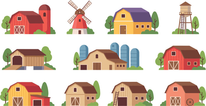 Rural farm building vector set featuring red barns, windmills, water towers, and silos for countryside agriculture and organic farming graphic designs.