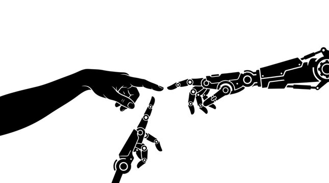 Human hand and robotic hands reaching to touch in a digital creation metaphor.