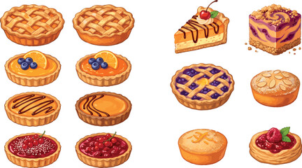 Sweet dessert pie collection vector illustration with apple lattice pies berry tarts cheesecake slice fruit crumbles and pastries isolated on white background © MdMehedi