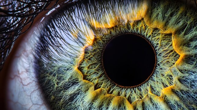 Iris ring patterns detailed macro photography revealing complex circular formations and golden amber fiber textures in high resolution