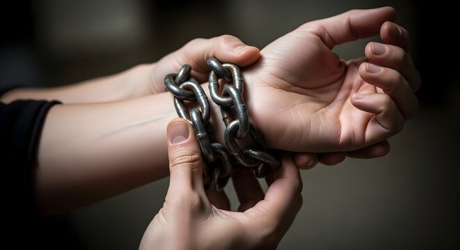 Close up of human hands bound together with heavy steel metal chains and links
