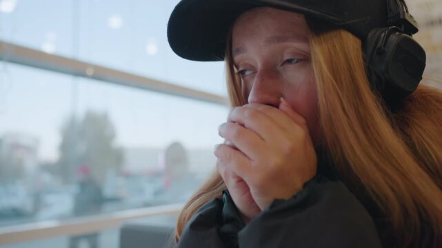 Redhead woman in cafe covering mouth and clasping hands, headphones and cap by window eyes watery, breath visible in cold air, introspective pause after tense moment cinematic closeup showing doubt,