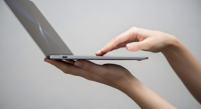 Close up of person hands using laptop trackpad for navigation on grey background