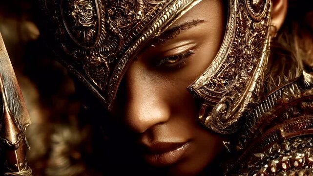 Fantasy wallpaper. A closeup portrait of a person wearing ornate, goldtoned armor. The armor features intricate designs and patterns, and the persons striking yellow eyes are the focal point.