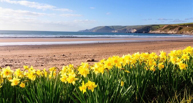 Daffodils at Beer beach in Devon in spring sunshine
