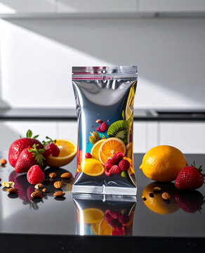 Premium Fruit Protein Snack Packaging on Modern Kitchen Counter - Healthy Nutrition Product Mockup