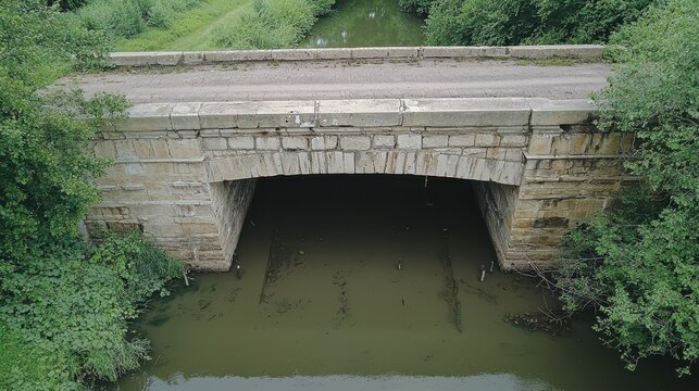 Bridge abutment details historic limestone arch construction weathered masonry blocks natural vegetation aerial perspective structural engineering elements