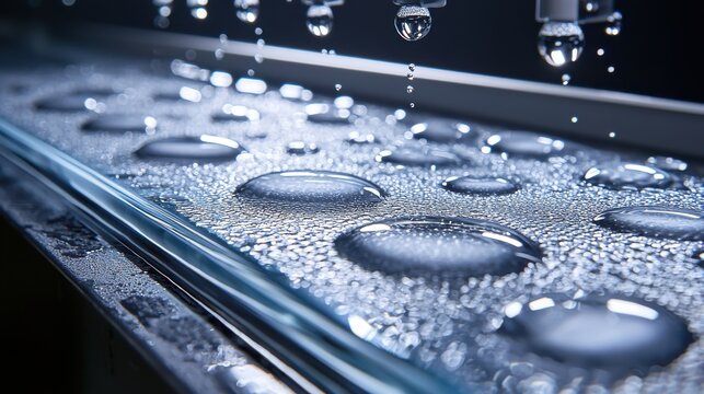 Hydrophobic nanocoating demonstration glass surface water droplets beading repellent technology macro photography laboratory testing environment