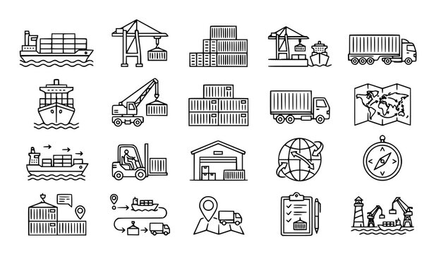 Sea cargo delivery outline icon bundle vector logistics illustration set