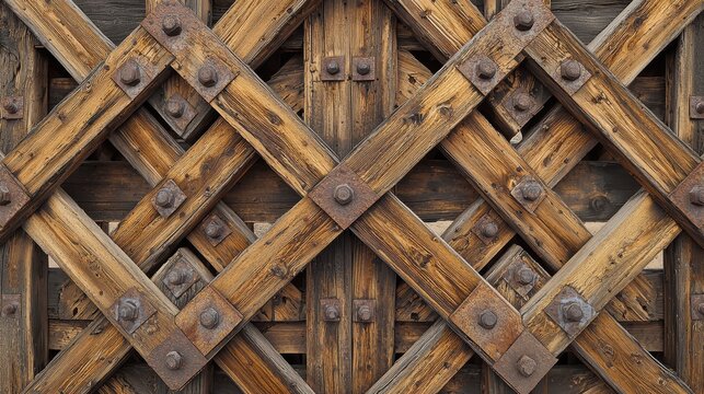 Bridge structural harmony vintage American railroad trestle timber framework crisscross wooden beams weathered construction geometric patterns overhead view