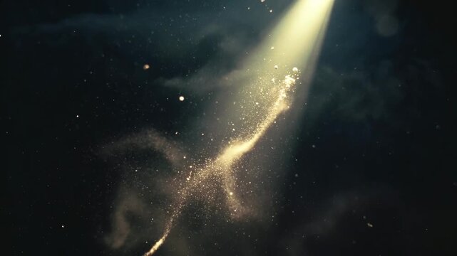 Glowing dust swirling in light beam in cinematic style on dark background, concept of mystery and motion energy