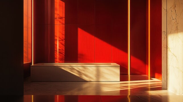 Modern lobby interior, sunlight casts shadows on red walls and white bench