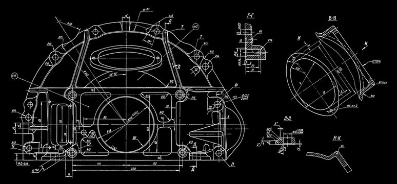 Crank case of clutch of car.
Engineering automotive mechanical drawing of steel 
device on paper sheet. Industrial cad scheme. 
Technology design of machine building industry. 
Machined template.