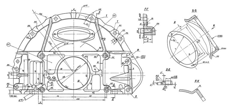 Crank case of clutch of car. Engineering automotive mechanical drawing of steel device on white paper sheet. Industrial cad scheme. Technology design of machine building industry. Machined template.