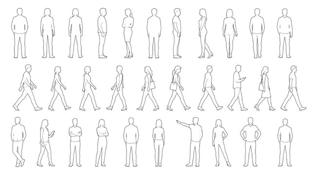 Diverse Human Figures for CAD Drawings Comprehensive Set of People Silhouettes in Various Poses and Activities for Architectural Plans and Design Projects