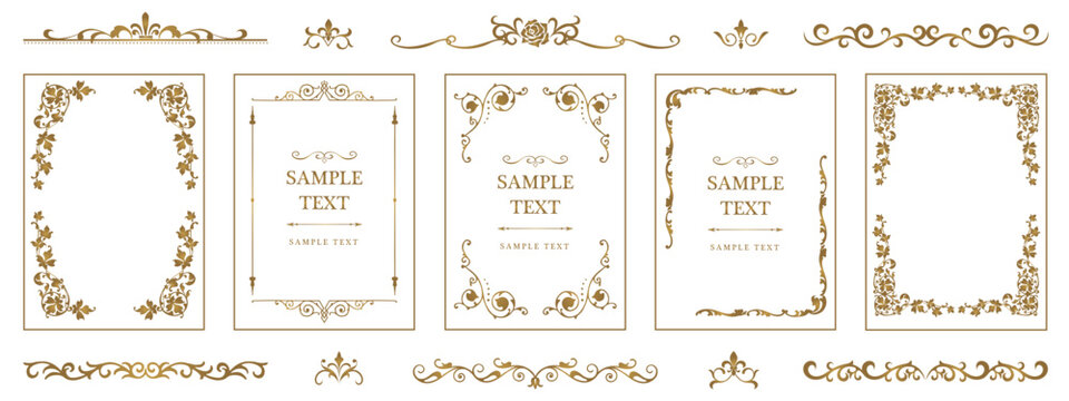 Elegant golden ornamental vector frames set with luxury floral borders, vintage dividers, decorative corners, premium invitation and branding templates.
