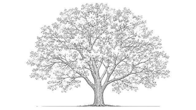 Highly detailed CAD-style vector illustration of a mature deciduous tree, rendered with precise linework for architectural blueprints, landscape design, and technical drawing projects