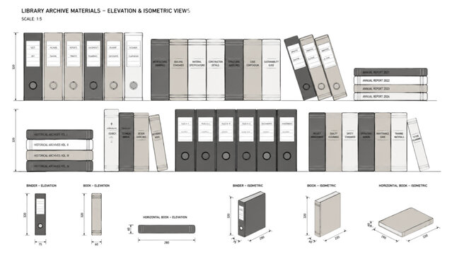 CAD drawings of library archive materials including elevation and isometric views of binders and boxes