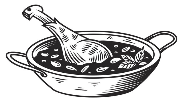 Vintage black and white line art of dinosaur leg stew in cooking pot.