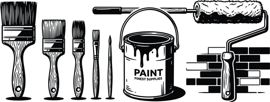 House Painting Tools Vector Set with Paint Can Metal Bucket Roller Brushes and Brick Wall Texture in Vintage Woodcut Line Art Style