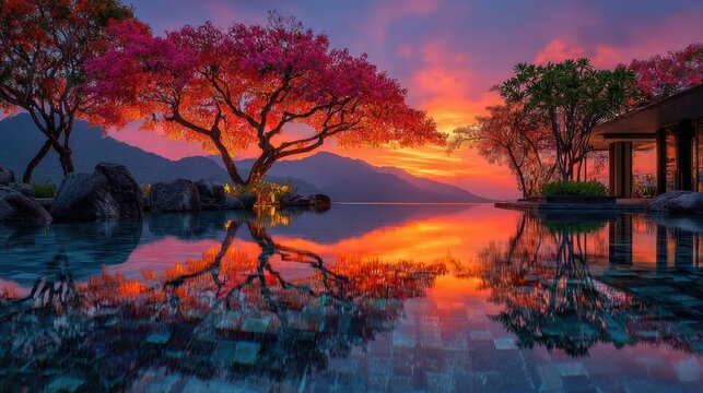 Vibrant sunset reflecting in pool, pink trees