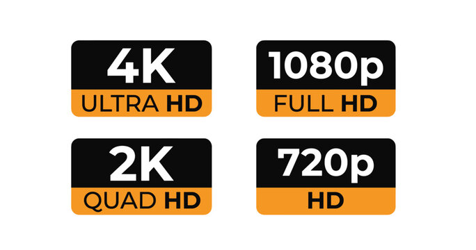 Video Resolution Badge Icon Set with 4K Ultra HD, 2K Quad HD, 1080p Full HD, and 720p HD Labels for Media Quality.