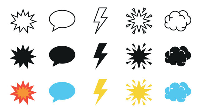 Comic book graphic elements, speech bubbles, lightning bolts, and clouds are displayed in a vibrant collection of cartoon style visual effects.