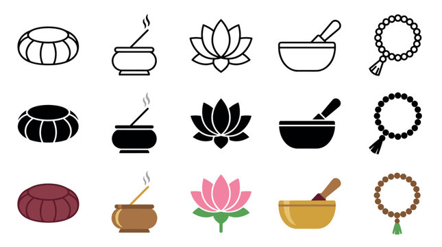 Meditation and spiritual icons collection in various styles including outline, solid, and color versions for wellness and mindfulness concepts.