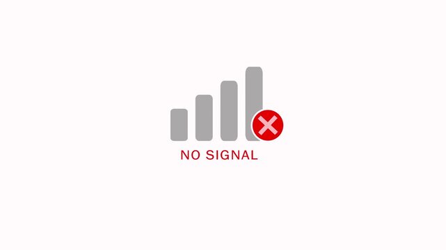 Animated no signal icon with bar levels and red cross warning symbol on a white background. Network Loss, Wireless, Service Outage, Represent connection loss, Offline status and communication failure