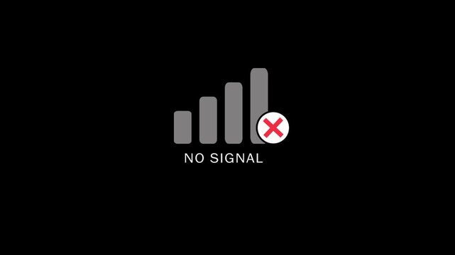 Animated no signal icon with bar levels and red cross warning symbol on a black background. Network Loss, Wireless, Service Outage, Represent connection loss, Offline status and communication failure