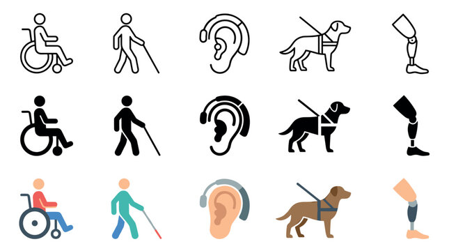 Disability accessibility icons representing various forms of impairment and assistance, including mobility, visual, and hearing challenges, along with service animals and prosthetics.