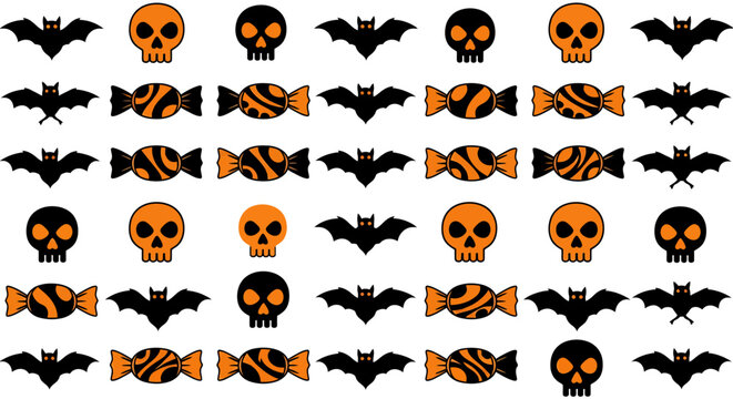 Symmetrical Grid of Stylized Skulls Flapping Bats and Wrapped Candies on a White Background