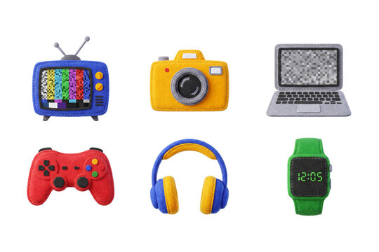 3D render set of electronic devices and technology icons in soft felt style featuring retro TV, photo camera, laptop, game controller, headphones, and smartwatch