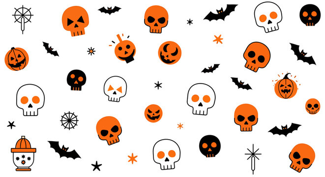 Repeating Minimalist Skulls and Small Bats in Orange and Black for Spooky Seasonal Background