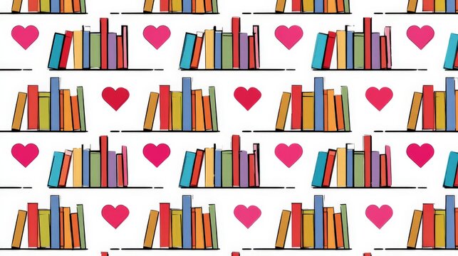 Colorful bookshelves repeat with pink hearts between them. Bright, playful design evokes joy and reading pleasure. Pattern suits bookstores, classrooms, or children's themes. Ideal for digital media