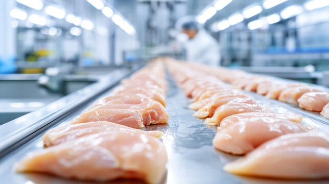 Raw chicken breast fillet moving on automated industrial conveyor belt in food processing plant. Worker managing poultry production line. Manufacturing technology in meat industry.