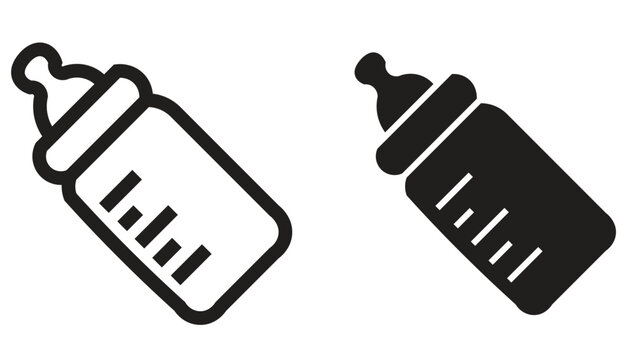 Minimalist baby bottle icons, black outline and solid silhouette infant feeding symbols, 2 vector elements for childcare and parenting graphics