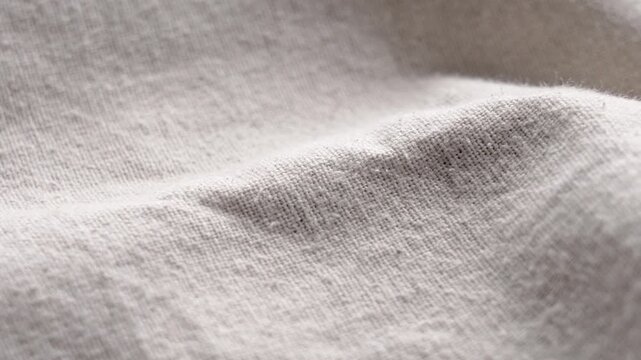 Crumpled beige linen fabric texture with organic weave pattern and natural fibers. Rotation. Macro shot