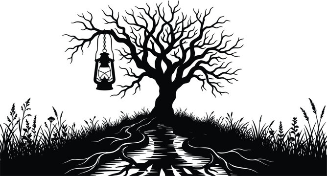 Spooky Bare Tree Silhouette with Hanging Vintage Lantern over Grassy Hill and Twisted Roots Black and White Halloween Landscape Vector Design