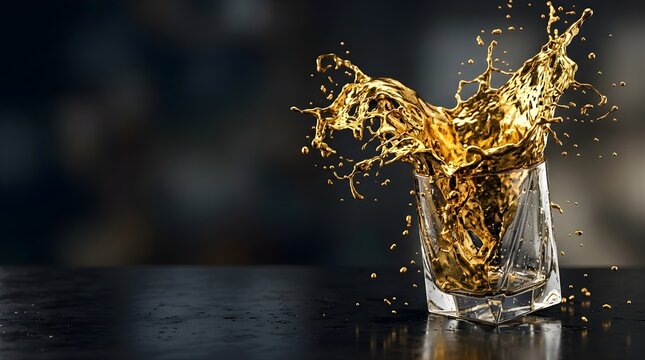 Golden luxury liquid splashing out of a crystal glass on dark table