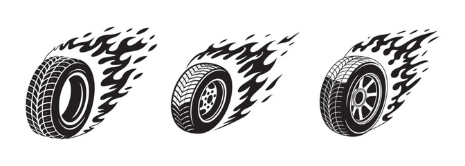 Burning tires with flames speed concept vector graphics for automotive designs. with fast fire trails behind them stylized motion effect for sports and extreme transport design vector. © Vectors-Stock