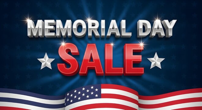 Memorial day sale 3d text banner with american flag and stars on a blue background