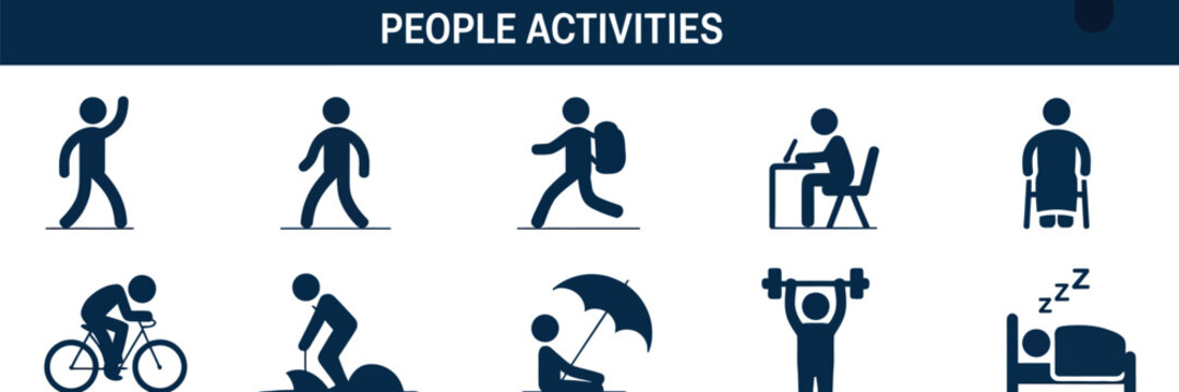 People, activity solid icon set featuring study work run vacation sleep and daily lifestyle actions, perfect editable vector illustration collection.
