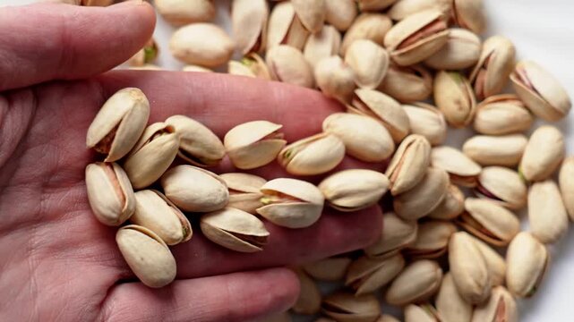 Roasted salted pistachios rolling off an open human hand onto a heap of nuts. Natural organic food
