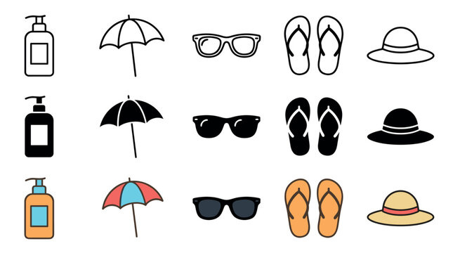 Summer vacation beach accessories icons set in various styles, including sunscreen, umbrellas, sunglasses, flip-flops, and sun hats, perfect for travel and holiday designs.