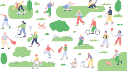 Naklejka premium People Outdoor Park Activity Illustration Set with Walking Cycling Skateboarding Jogging Pets and Leisure Recreation Scenes
