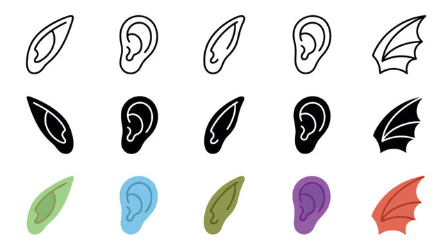 Various fantasy and human ear icons set featuring different styles including outline, solid, and colored versions for creative design projects.