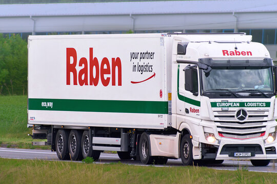 Heavy Raben cargo trailer driving through Polish countryside 29.08.2025 Poland, Europe